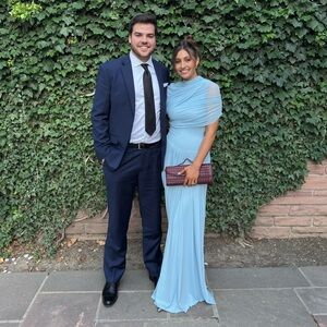 Miss Rosier Catherine asymmetrical pleated maxi dress in Baby-blue